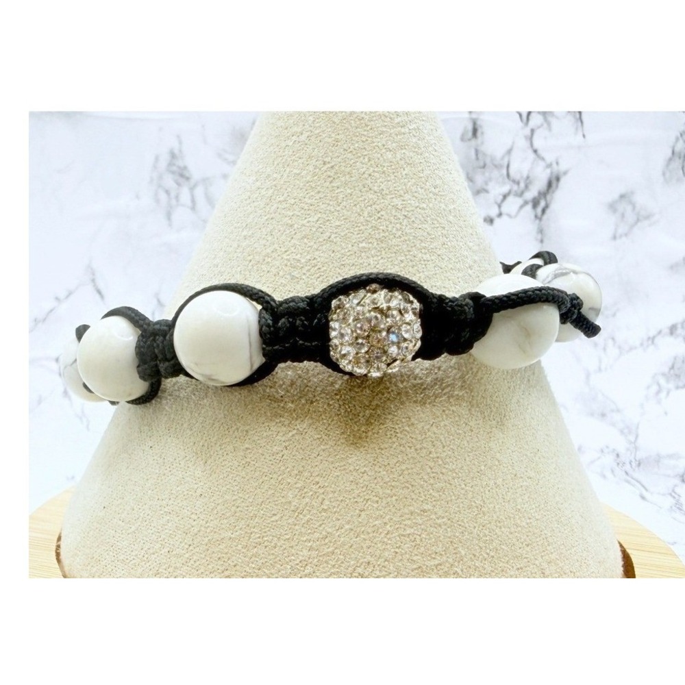 Boho Macrame Bracelet White Veined Natural Stone Beads Pave Accents 7–10"